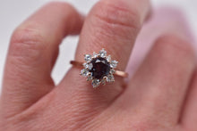 Load image into Gallery viewer, 14K Rose Gold Vintage Inspired Round Lab Grown Alexandrite and Moissanite Halo Ring
