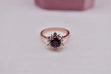 Load image into Gallery viewer, 14K Rose Gold Vintage Inspired Round Lab Grown Alexandrite and Moissanite Halo Ring
