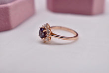 Load image into Gallery viewer, 14K Rose Gold Vintage Inspired Round Lab Grown Alexandrite and Moissanite Halo Ring
