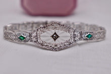 Load image into Gallery viewer, Vintage Art Deco 14K White Gold Filigree Bracelet, Emerald Glass, Rock Crystal Quartz, Diamond
