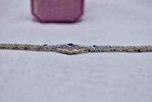 Load image into Gallery viewer, Vintage Art Deco 14K White Gold Filigree Bracelet, Sapphire Glass,
