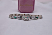 Load image into Gallery viewer, Vintage Art Deco 14K White Gold Filigree Bracelet, Old European Cut Diamonds, Emerald Glass
