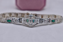 Load image into Gallery viewer, Vintage Art Deco 14K White Gold Filigree Bracelet, Old European Cut Diamonds, Emerald Glass
