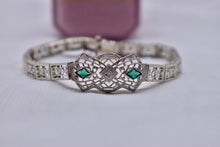 Load image into Gallery viewer, Vintage Art Deco 14K White Gold Filigree Bracelet, Single Cut Diamond, Emerald Glass

