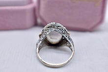 Load image into Gallery viewer, Vintage 14K White Gold Art Deco Filagree Glass Cameo &amp; Seed Pearl Halo Ring
