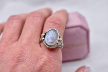 Load image into Gallery viewer, Vintage 14K White Gold Art Deco Filagree Glass Cameo &amp; Seed Pearl Halo Ring
