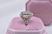 Load image into Gallery viewer, Vintage 14K White Gold Art Deco Filagree Glass Cameo &amp; Seed Pearl Halo Ring
