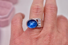Load image into Gallery viewer, Art Deco 14K White Gold Cabochon Natural Star Sapphire and Old Mine Cut Diamond Ring
