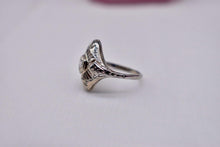 Load image into Gallery viewer, Art Deco 18K White Gold Geometric Filigree Old European Cut Diamond Navette Style Ring
