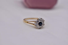 Load image into Gallery viewer, 14K Yellow Gold &amp; Platinum Vintage Inspired Sapphire and Diamond Halo Ring
