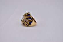 Load image into Gallery viewer, Vintage 18K Yellow Gold Diamond and Blue Enamel Large Statement Ring
