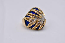 Load image into Gallery viewer, Vintage 18K Yellow Gold Diamond and Blue Enamel Large Statement Ring
