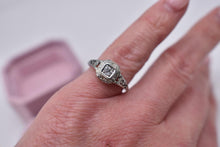 Load image into Gallery viewer, Vintage 18K White Gold Art Deco Filigree Dainty Old Mine Cut Diamond Square Engagement Ring
