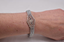 Load image into Gallery viewer, Vintage Art Deco 14K White Gold and Platinum Sapphire &amp; Diamond Filigree Bracelet
