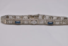 Load image into Gallery viewer, Art Deco 14K White Gold Sapphire &amp; Diamond Filigree Bracelet
