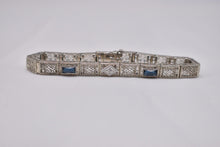 Load image into Gallery viewer, Art Deco 14K White Gold Sapphire &amp; Diamond Filigree Bracelet
