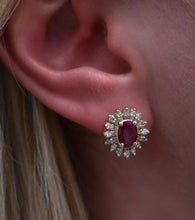 Load image into Gallery viewer, Vintage 14K Yellow Gold Oval Ruby and Diamond Double Halo Midcentury Earrings
