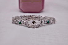 Load image into Gallery viewer, Vintage Art Deco 14K White Gold Filigree Bracelet, Emerald Glass, Rock Crystal Quartz, Diamond
