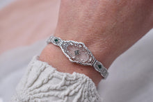 Load image into Gallery viewer, Vintage Art Deco 14K White Gold Filigree Bracelet, Emerald Glass, Rock Crystal Quartz, Diamond
