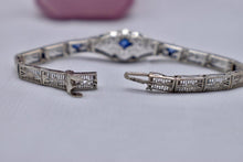 Load image into Gallery viewer, Vintage Art Deco 14K White Gold Filigree Bracelet, Sapphire Glass,
