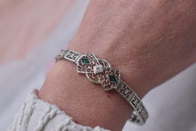Load image into Gallery viewer, Vintage Art Deco 14K White Gold Filigree Bracelet, Single Cut Diamond, Emerald Glass
