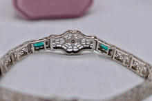 Load image into Gallery viewer, Vintage Art Deco 14K White Gold Filigree Bracelet, Transitional Cut Diamond, Emerald Glass
