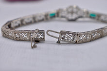 Load image into Gallery viewer, Vintage Art Deco 14K White Gold Filigree Bracelet, Transitional Cut Diamond, Emerald Glass
