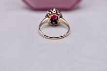 Load image into Gallery viewer, RESERVED LISTING Not For Sale Vintage Victorian 14K Yellow gold Natural Oval Ruby &amp; Old Mine Cut Diamond Halo Ring
