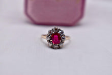 Load image into Gallery viewer, RESERVED LISTING Not For Sale Vintage Victorian 14K Yellow gold Natural Oval Ruby &amp; Old Mine Cut Diamond Halo Ring
