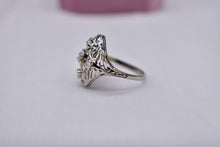 Load image into Gallery viewer, Vintage Art Deco 18K White Gold Geometric Filigree Transitional Diamond Shield Style Ring
