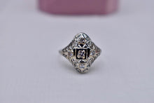 Load image into Gallery viewer, Vintage Art Deco 18K White Gold Geometric Filigree Transitional Diamond Shield Style Ring
