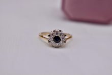 Load image into Gallery viewer, 14K Yellow Gold &amp; Platinum Vintage Inspired Sapphire and Diamond Halo Ring
