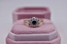 Load image into Gallery viewer, 14K Yellow Gold &amp; Platinum Vintage Inspired Sapphire and Diamond Halo Ring

