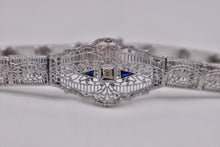 Load image into Gallery viewer, Vintage Art Deco 14K White Gold and Platinum Sapphire &amp; Diamond Filigree Bracelet

