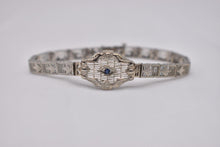 Load image into Gallery viewer, Vintage Art Deco 10K White Gold Sapphire Filigree Bracelet
