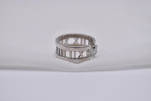 Load image into Gallery viewer, Beautiful Vintage Authentic Pre Loved TCO 18K White Gold Three Stone Diamond "Atlas" Open Roman Numeral Diamond Ring

