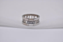 Load image into Gallery viewer, Beautiful Vintage Authentic Pre Loved TCO 18K White Gold Three Stone Diamond "Atlas" Open Roman Numeral Diamond Ring
