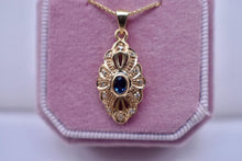 Load image into Gallery viewer, Vintage Midcentury 14K Yellow Gold Sapphire &amp; Diamond Navette Style Necklace
