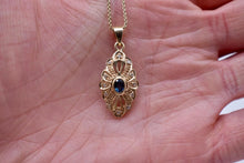 Load image into Gallery viewer, Vintage Midcentury 14K Yellow Gold Sapphire &amp; Diamond Navette Style Necklace

