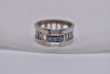 Load image into Gallery viewer, Beautiful Vintage Authentic Pre Loved TCO 18K White Gold Three Stone Diamond "Atlas" Open Roman Numeral Diamond Ring

