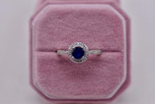 Load image into Gallery viewer, Vintage 10K White Gold Halo Sapphire and Diamond Ring
