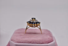 Load image into Gallery viewer, 14K Yellow gold Vintage Fancy Cut Statement Sapphire and Diamond Double Halo Heart Ring
