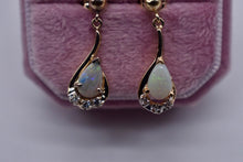 Load image into Gallery viewer, Vintage 14K Yellow Gold Dangle Pear Shape Natural Opal &amp; Diamond Earrings
