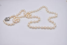 Load image into Gallery viewer, Vintage 14K White Gold Art Deco Rare 0.40cts Diamond Clasp 33.5 Inch High Quality Shell Pearls 8mm White Pearl Necklace Strand
