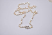 Load image into Gallery viewer, Vintage 14K White Gold Art Deco Rare 0.40cts Diamond Clasp 33.5 Inch High Quality Shell Pearls 8mm White Pearl Necklace Strand
