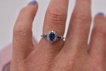 Load image into Gallery viewer, Vintage 10K White Gold Oval Cut Natural Sapphire and Diamond Halo Ring
