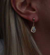 Load image into Gallery viewer, Vintage 14K Yellow Gold Dangle Pear Shape Natural Opal &amp; Diamond Earrings

