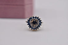 Load image into Gallery viewer, 14K Yellow gold Vintage Fancy Cut Statement Sapphire and Diamond Double Halo Heart Ring
