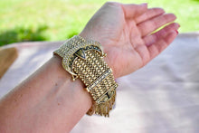 Load image into Gallery viewer, Victorian 14K Yellow Gold Enamel &amp; Seed Pearl Tassel Buckle Bracelet
