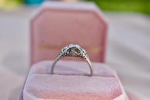 Load image into Gallery viewer, 18K White Gold Art Deco Transitional Cut Diamond Three Stone Filigree Belais Engagement Ring
